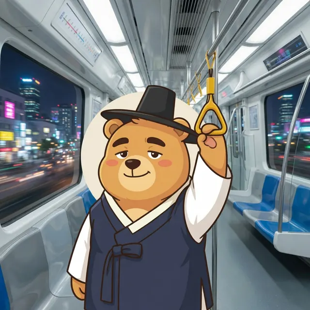 GodGom holding a strap on a Seoul subway train at night